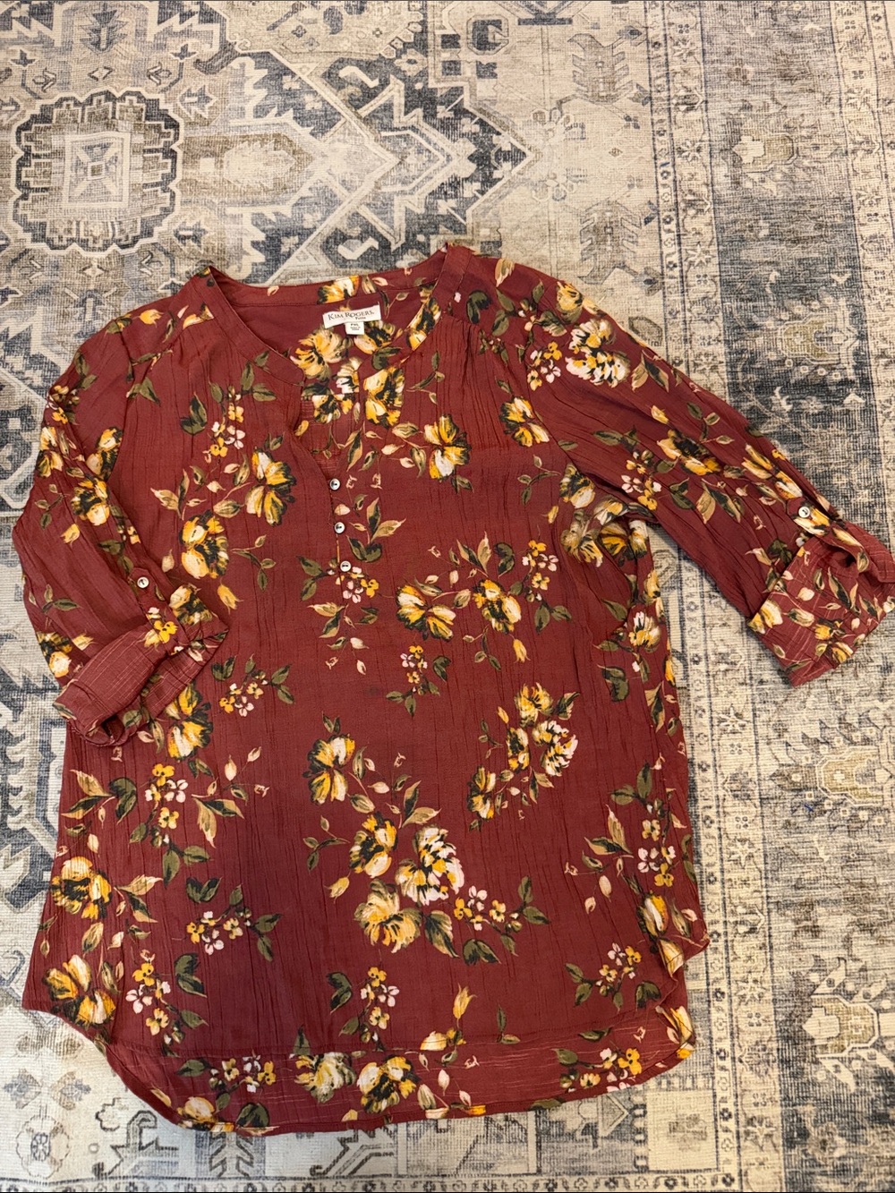 Kim Rogers Petite PXL Rust Floral 3/4 Sleeve Blouse Boho Fall Top